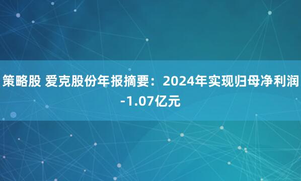 策略股 爱克股份年报摘要：2024年实现归母净利润-1.07亿元